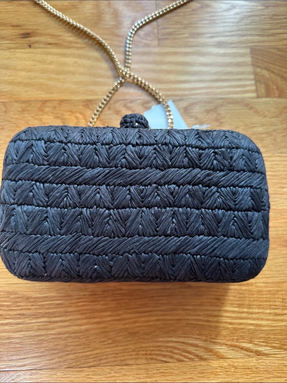 Ann Taylor Black Woven Box Clutch or crossbody with Gold Chain NWT elegant